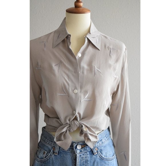 Tops - VTG| classic embroidered silk button down in taupe